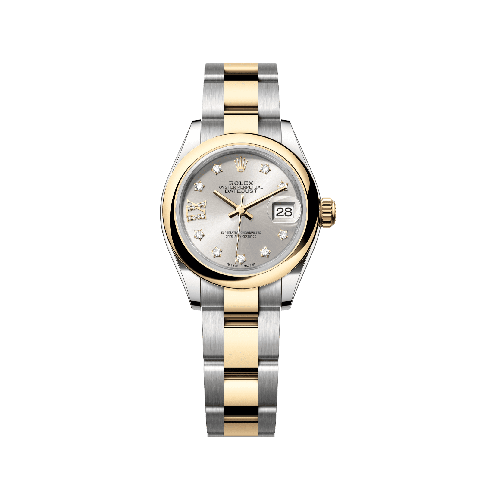Rolex Lady-Datejust 28 mm Silver Set With Diamonds Dial 18 kt Yellow Gold Oyster Bracelet 279163-0004 - WATCHXNYC