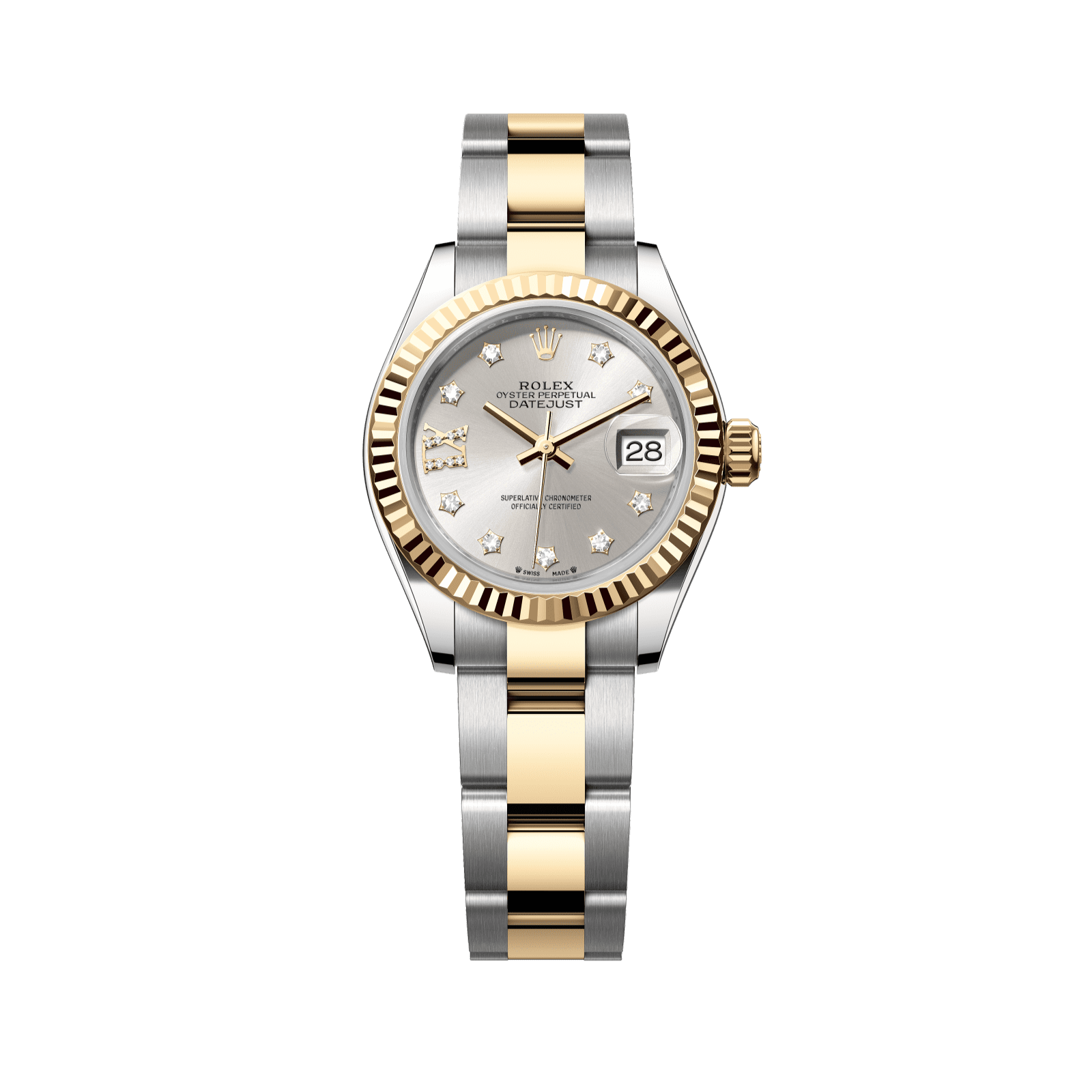 Rolex Lady-Datejust 28 mm Silver Set With Diamonds Dial 18 kt Yellow Gold Oyster Bracelet 279173-0004 - WATCHXNYC