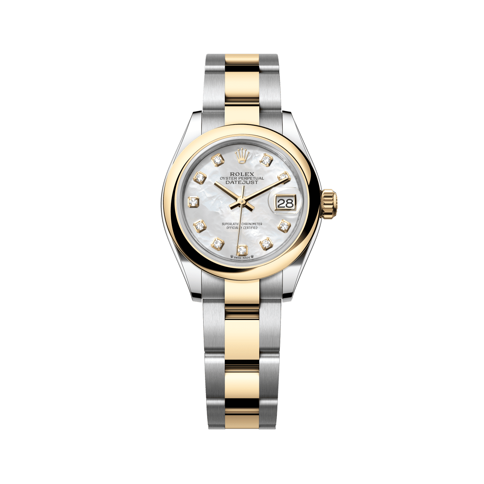 Rolex Lady-Datejust 28 mm White Mother-Of-Pearl Set With Diamonds Dial 18 kt Yellow Gold Oyster Bracelet 279163-0014 - WATCHXNYC