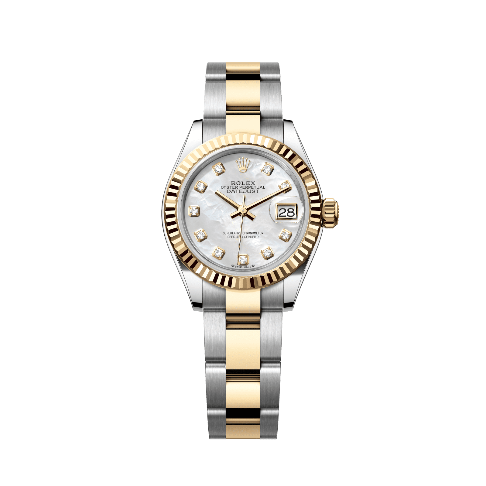 Rolex Lady-Datejust 28 mm White Mother-Of-Pearl Set With Diamonds Dial 18 kt Yellow Gold Oyster Bracelet 279173-0014 - WATCHXNYC