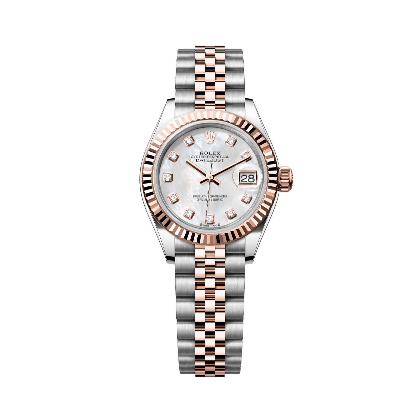 Rolex Lady-Datejust 28 mm White Mother-Of-Pearl Set With Diamonds Dial Oystersteel and Everose Gold Jubilee Bracelet 279171-0013 - WATCHXNYC