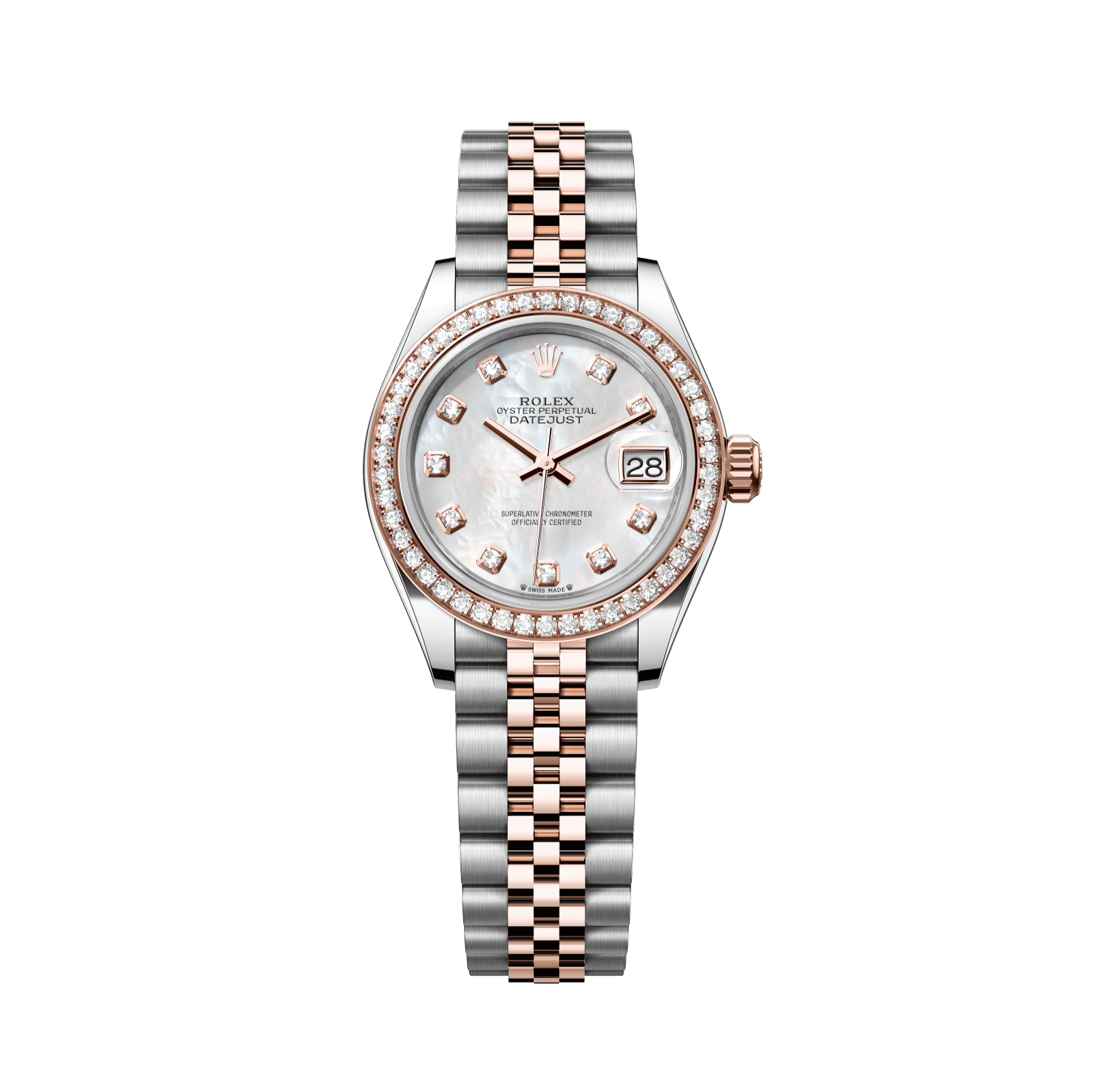 Rolex Lady-Datejust 28 mm White Mother-Of-Pearl Set With Diamonds Dial Oystersteel and Everose Gold Jubilee Bracelet 279381rbr-0013 - WATCHXNYC