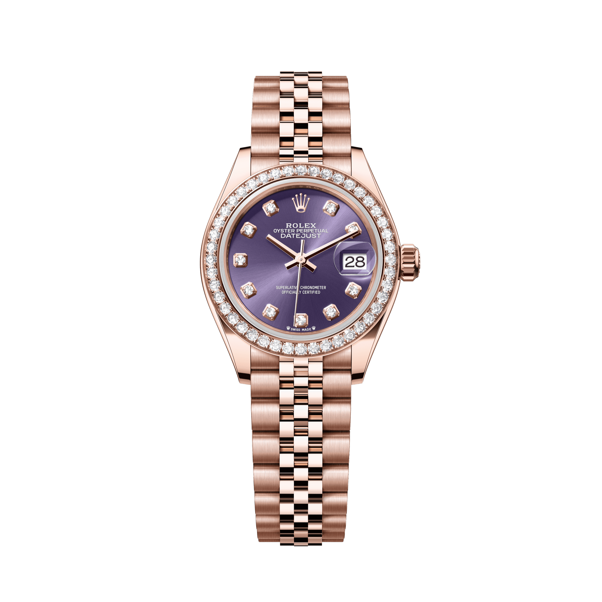 Rolex Oyster 28 mm Aubergine Set With Diamonds Dial 18 kt Everose Gold Jubilee 279135rbr-0011 - WATCHXNYC