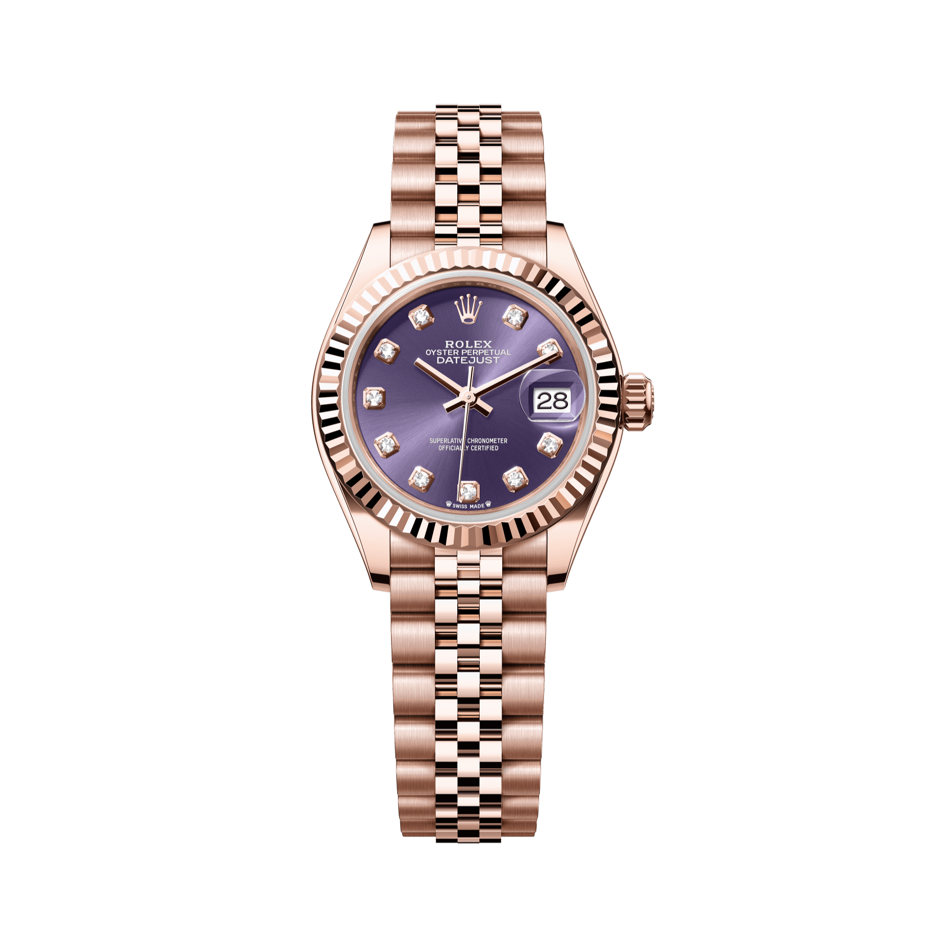 Rolex Oyster 28 mm Aubergine Set With Diamonds Dial 18 kt Everose Gold Jubilee 279175-0020 - WATCHXNYC