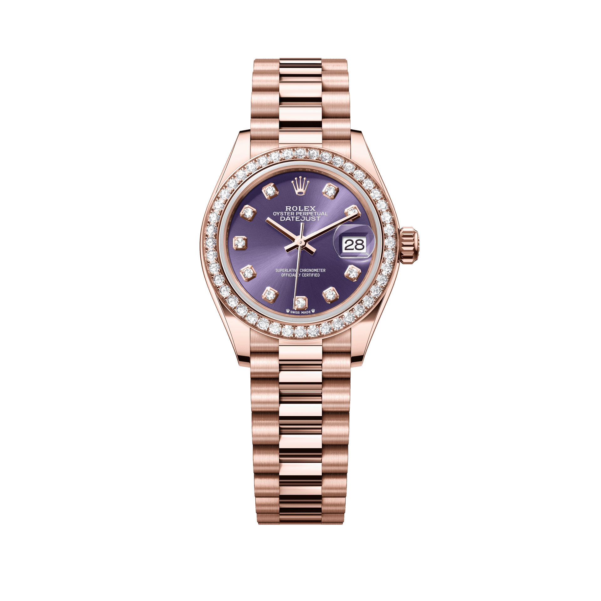 Rolex Oyster 28 mm Aubergine Set With Diamonds Dial 18 kt Everose Gold President, Semi-Circular Three-Piece Links 279135rbr-0020 - WATCHXNYC