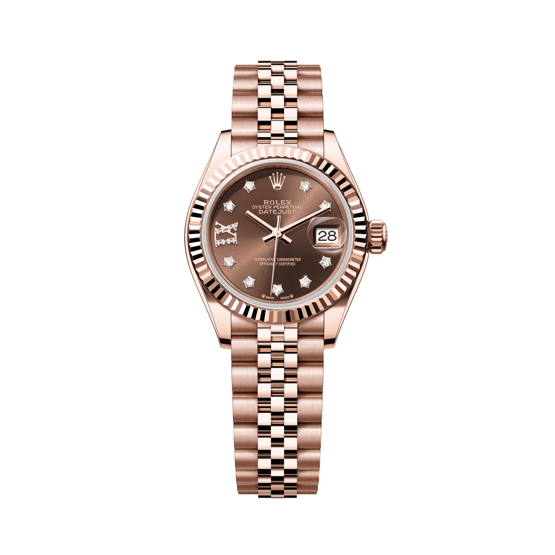 Rolex Oyster 28 mm Chocolate Set With Diamonds Dial 18 kt Everose Gold Jubilee 279175-0004 - WATCHXNYC