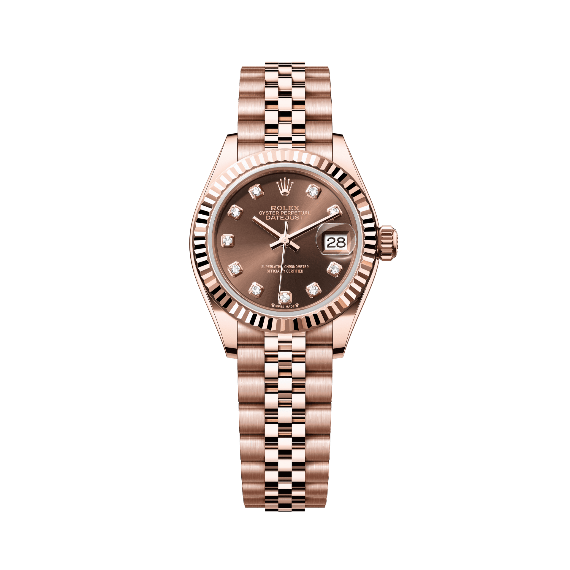 Rolex Oyster 28 mm Chocolate Set With Diamonds Dial 18 kt Everose Gold Jubilee 279175-0010 - WATCHXNYC
