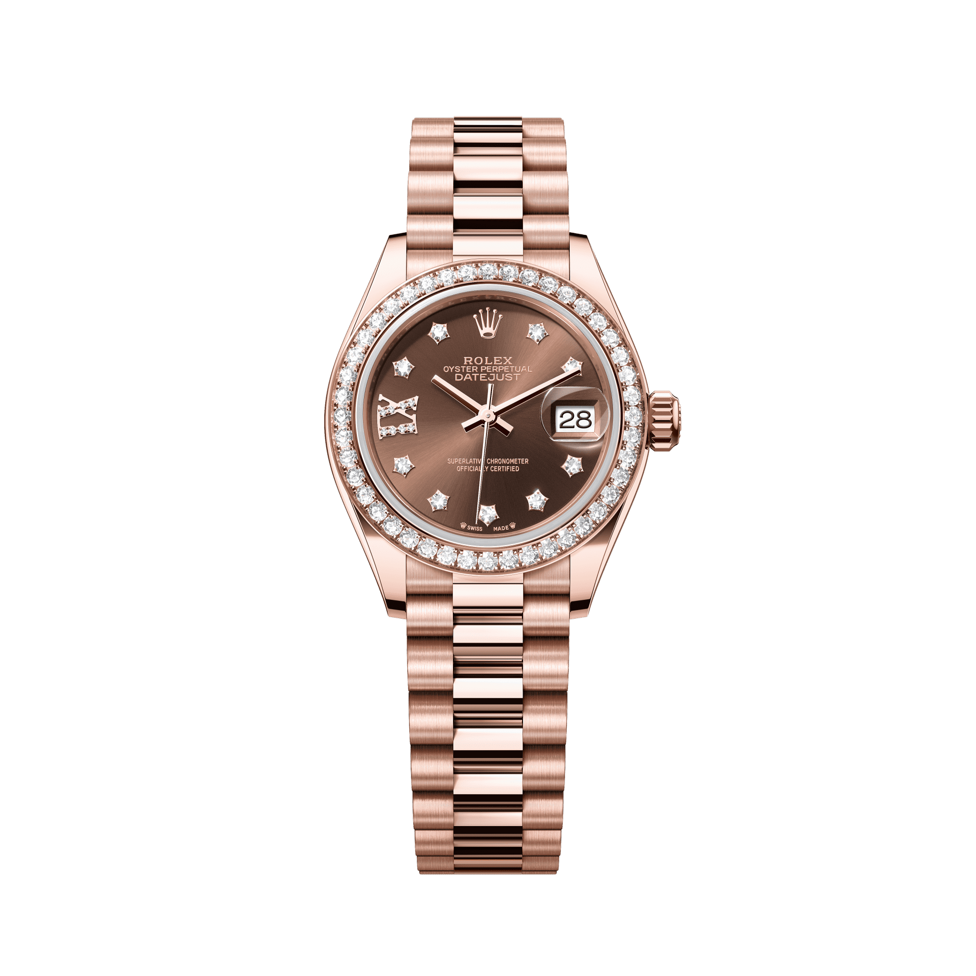 Rolex Oyster 28 mm Chocolate Set With Diamonds Dial 18 kt Everose Gold President, Semi-Circular Three-Piece Links 279135rbr-0001 - WATCHXNYC