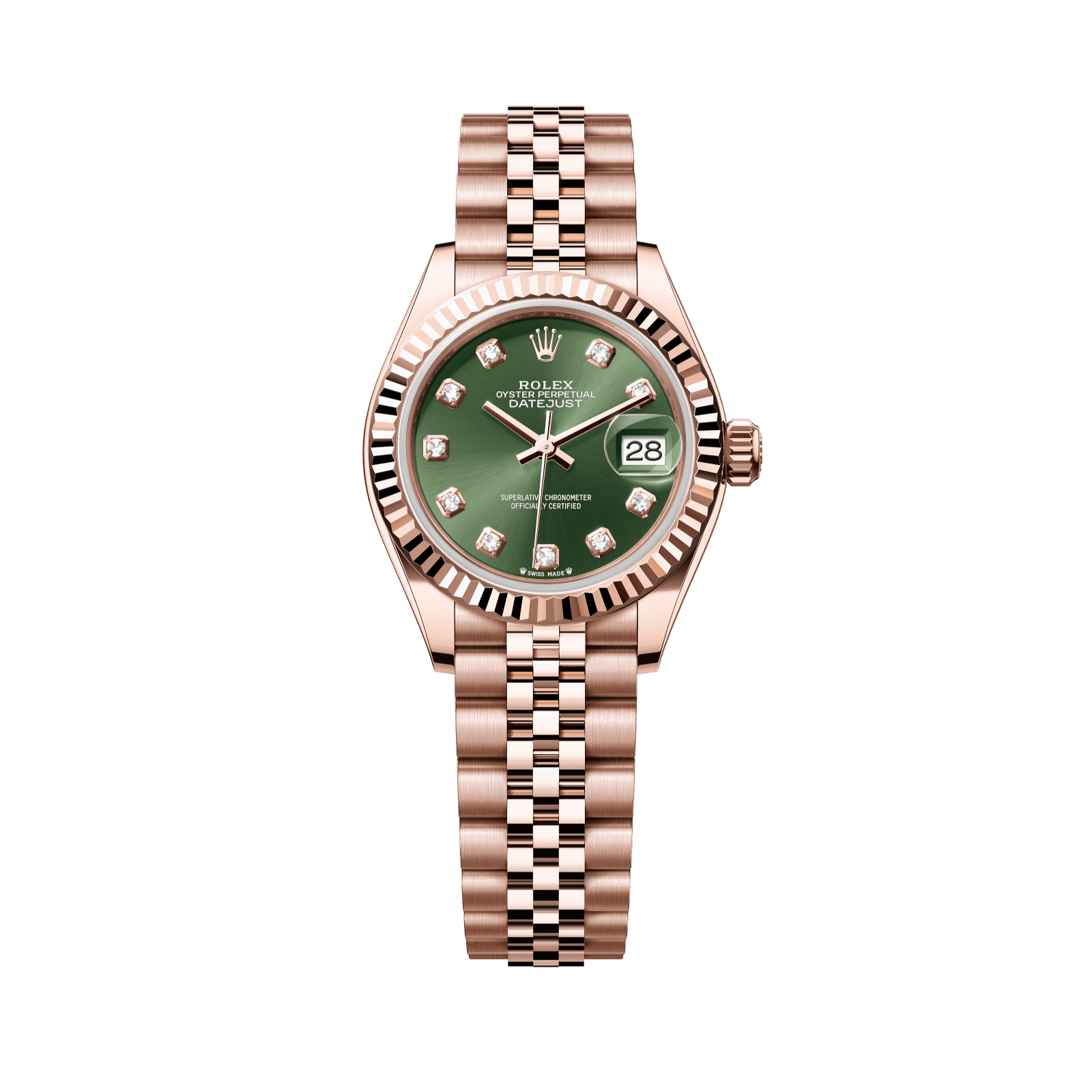 Rolex Oyster 28 mm Olive Green Set With Diamonds Dial 18 kt Everose Gold Jubilee 279175-0013 - WATCHXNYC