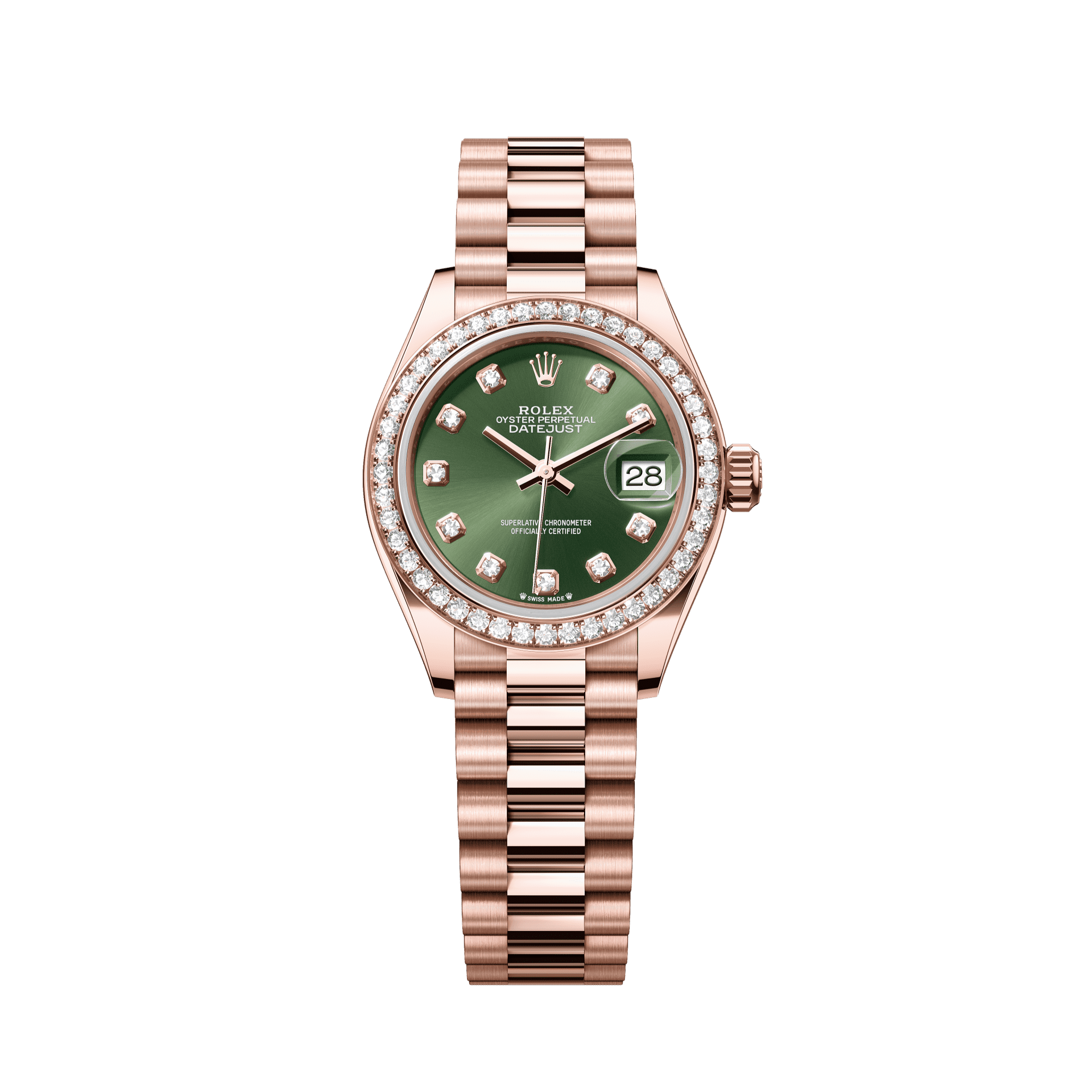 Rolex Oyster 28 mm Olive Green Set With Diamonds Dial 18 kt Everose Gold President, Semi-Circular Three-Piece Links 279135rbr-0014 - WATCHXNYC