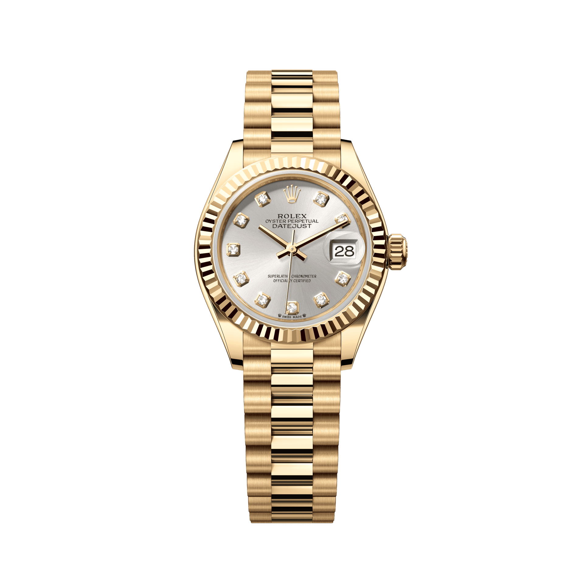 Rolex Oyster 28 mm Silver set with diamonds Dial 18k Yellow Gold President Bracelet 279178-0015 - WATCHXNYC