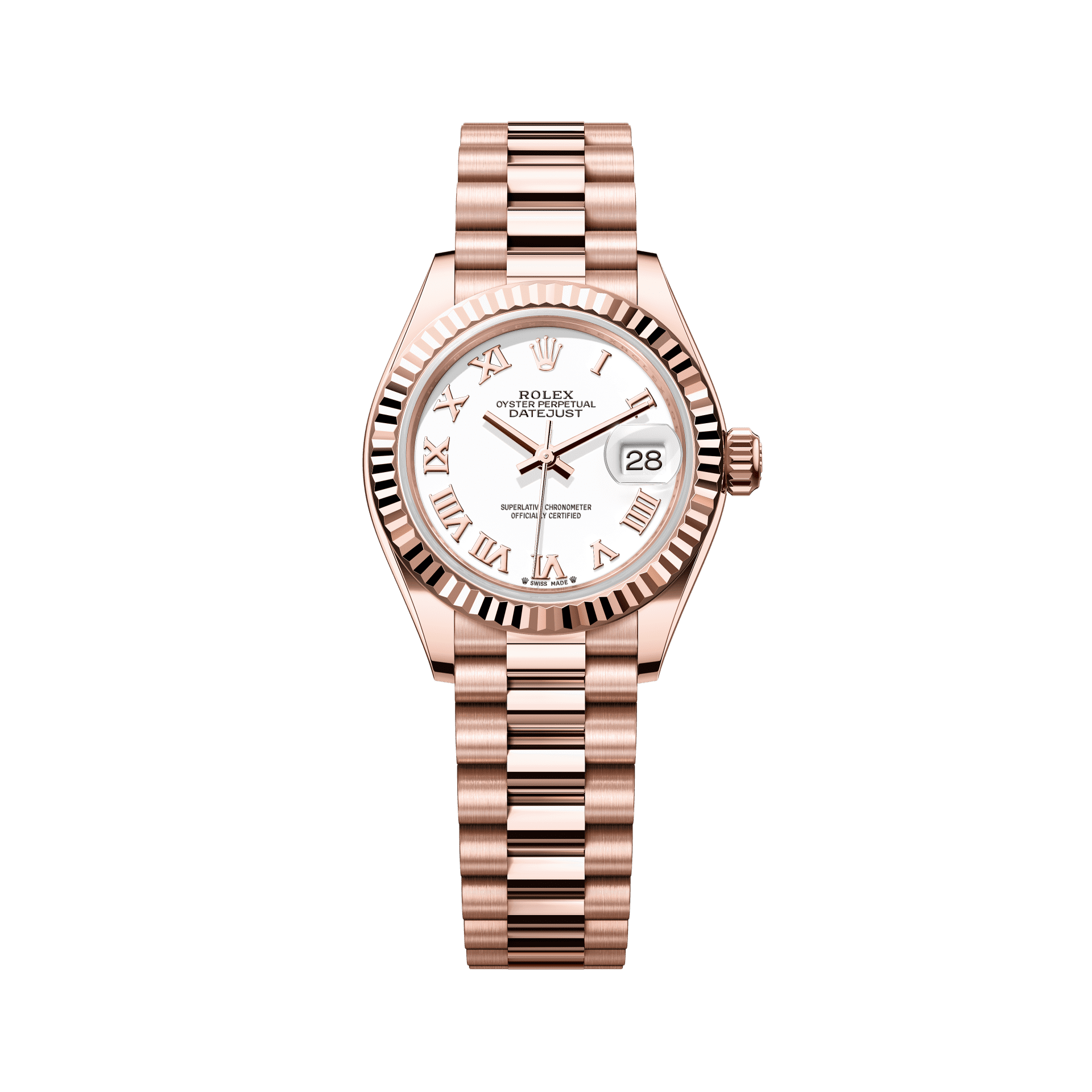Rolex Oyster 28 mm White Dial 18 kt Everose Gold President, Semi-Circular Three-Piece Links 279175-0021 - WATCHXNYC