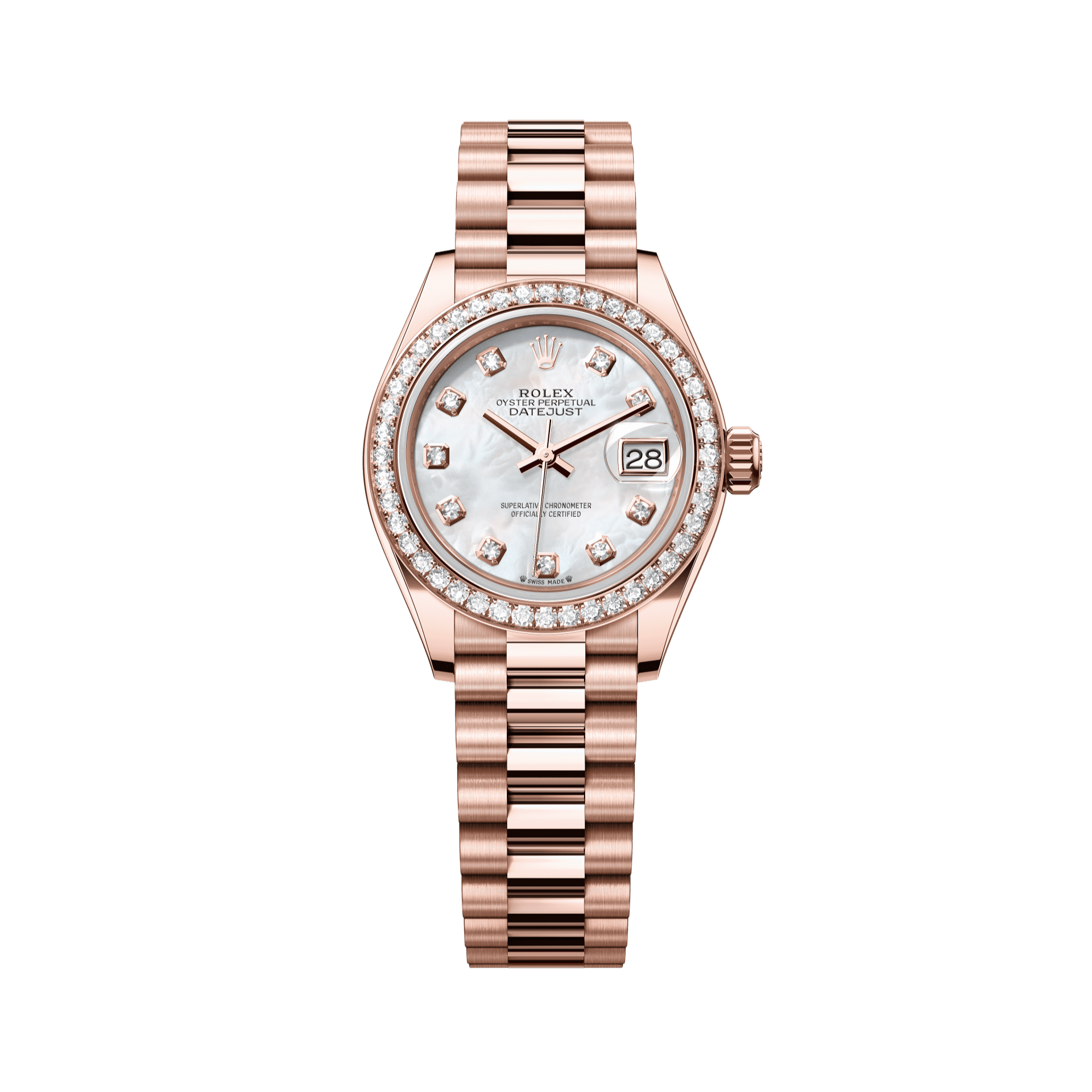 Rolex Oyster 28 mm White Mother-Of-Pearl Set With Diamonds Dial 18 kt Everose Gold President, Semi-Circular Three-Piece Links 279135rbr-0010 - WATCHXNYC