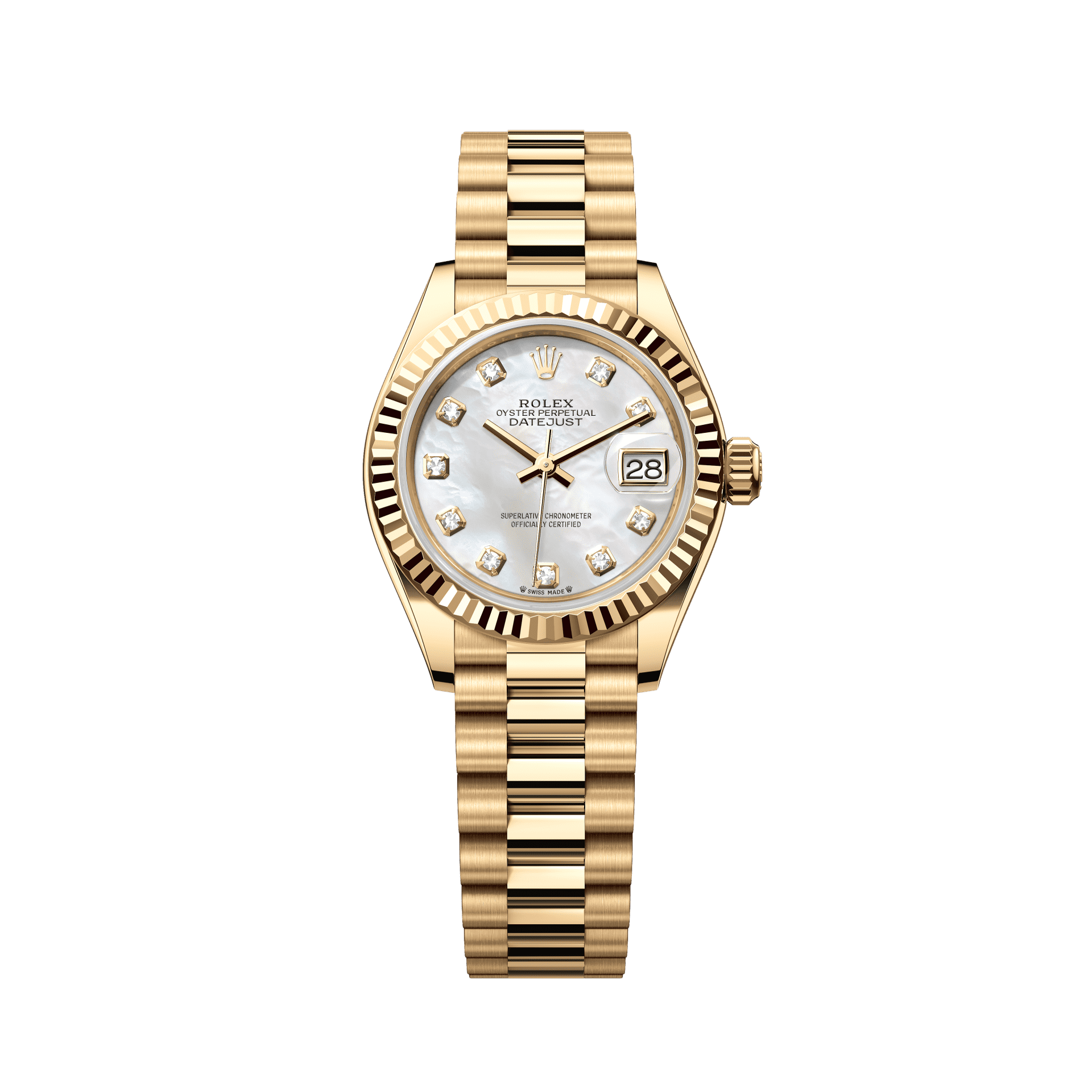 Rolex Oyster 28 mm White mother-of-pearl set with diamonds Dial 18k Yellow Gold President Bracelet 279178-0025 - WATCHXNYC