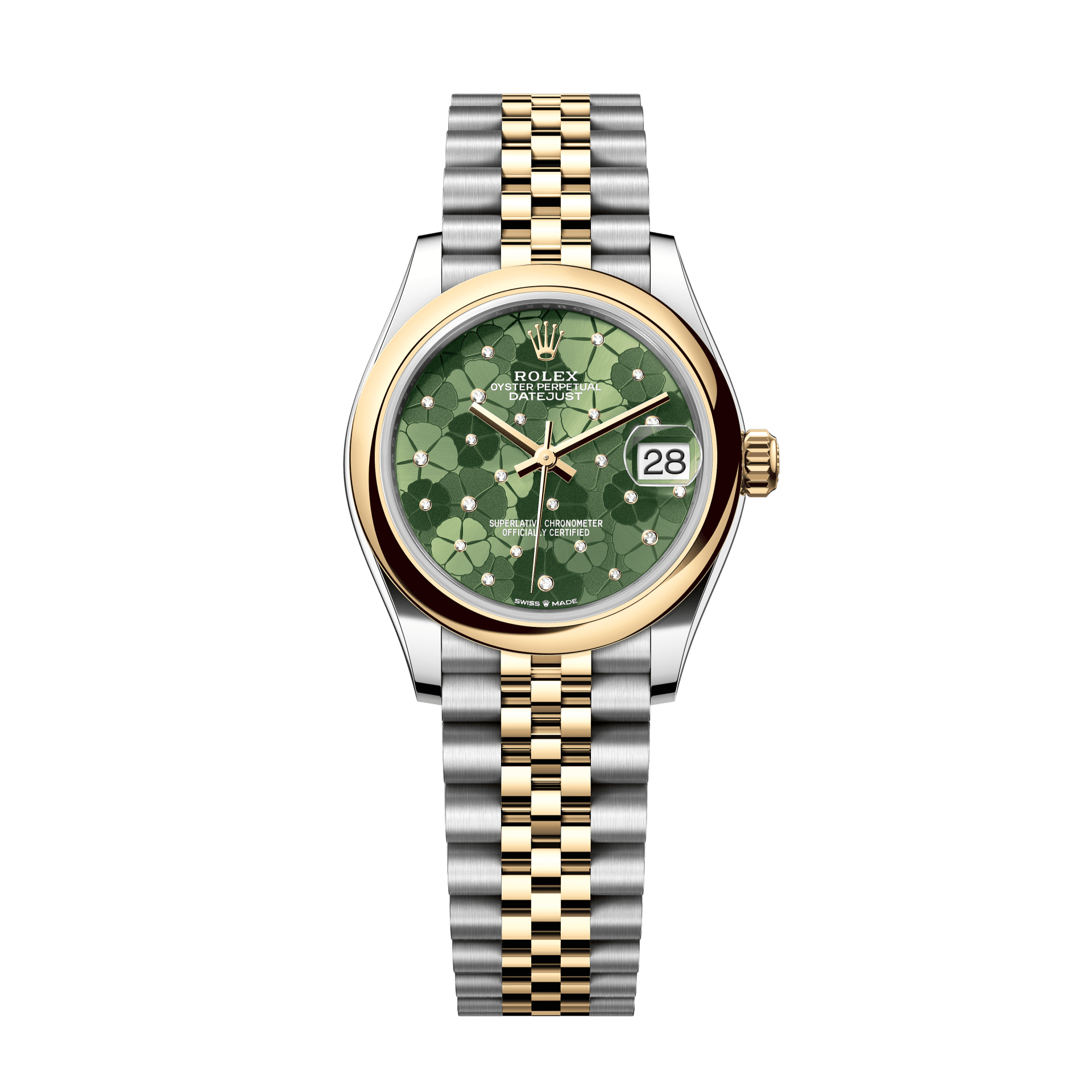 Rolex Oyster 31 mm Olive Green, Floral Motif Set With Diamond Dial Yellow Rolesor - Combination Of Oystersteel And Yellow Gold Jubilee 278243-0032 - WATCHXNYC