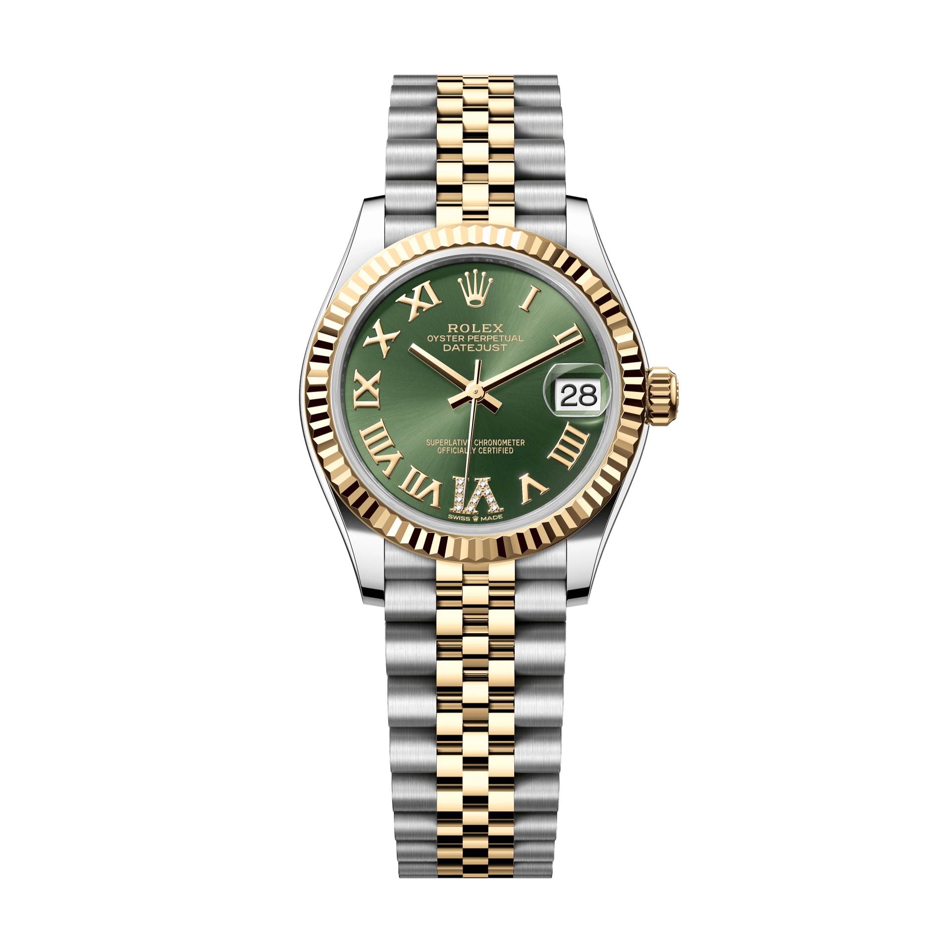 Rolex Oyster 31 mm Olive Green Set With Diamond Dial Yellow Rolesor - Combination Of Oystersteel And Yellow Gold Jubilee 278273-0016 - WATCHXNYC