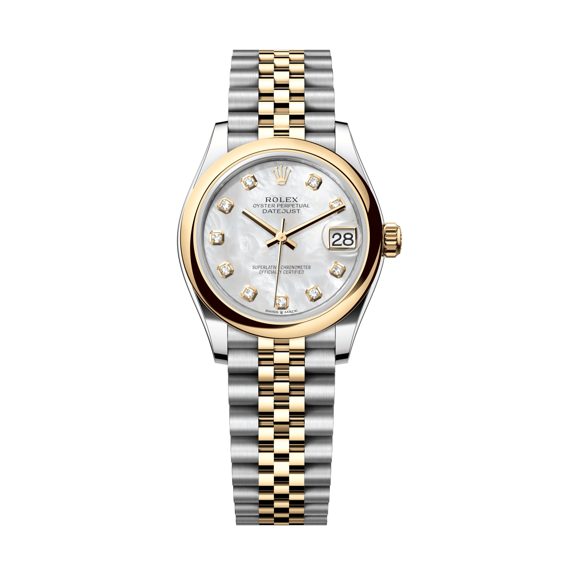 Rolex Oyster 31 mm White Mother-Of-Pearl Set With Diamond Dial Yellow Rolesor - Combination Of Oystersteel And Yellow Gold Jubilee 278243-0028 - WATCHXNYC