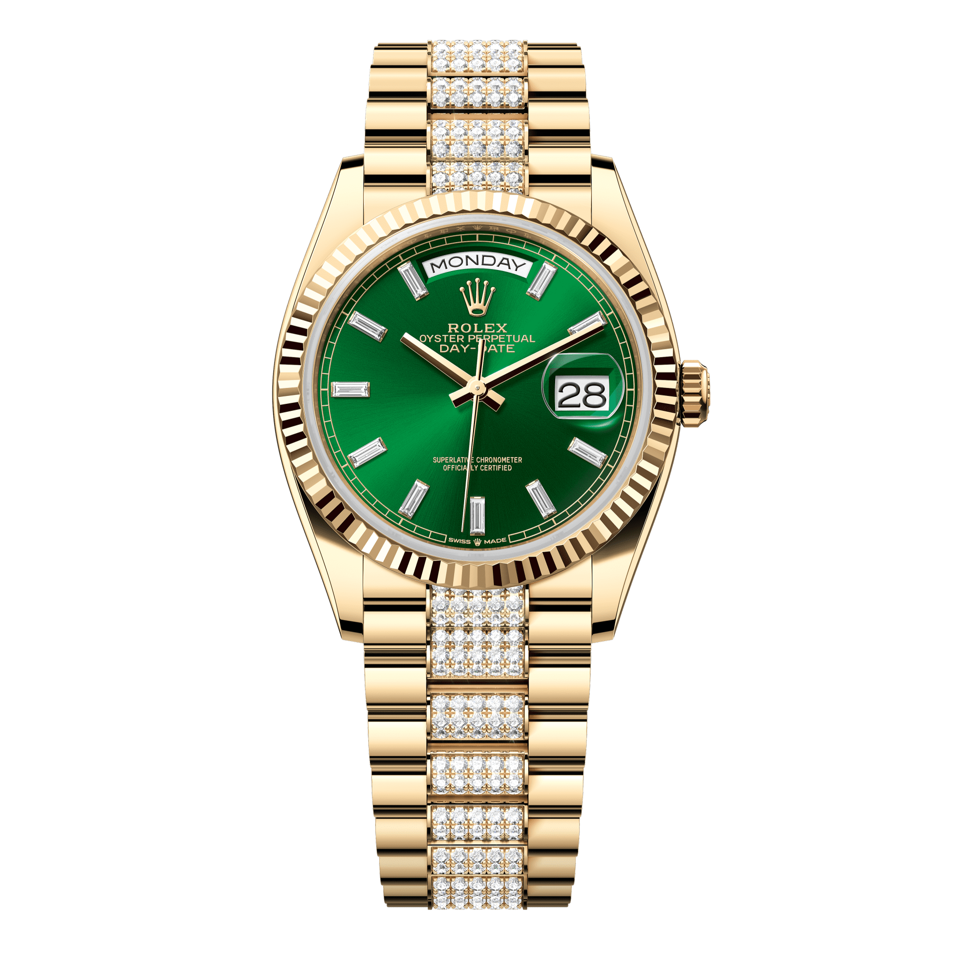 Rolex Oyster 36 mm Bright Green Set With Diamonds Dial 18k Yellow Gold Diamond-set President 128238-0131 - WATCHXNYC