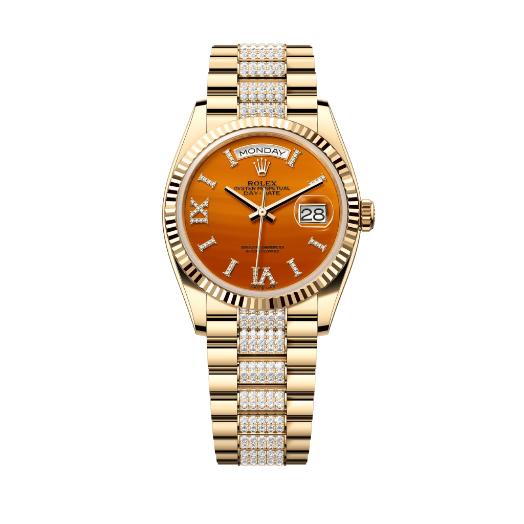 Rolex Oyster 36 mm Carnelian Set With Diamonds Dial 18k Yellow Gold Diamond-set President 128238-0089 - WATCHXNYC