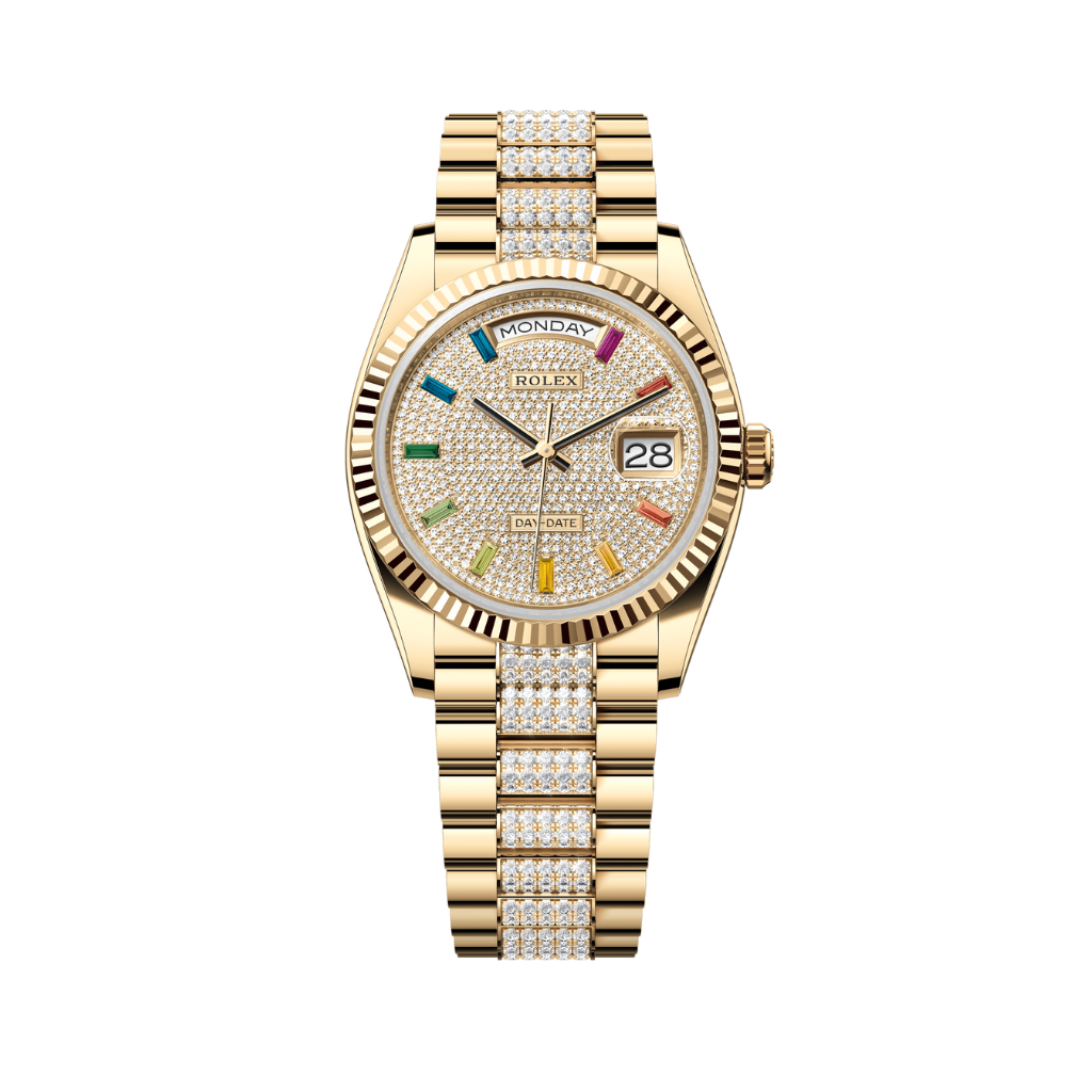 Rolex Oyster 36 mm Diamond-Paved Dial 18k Yellow Gold Diamond-set President 128238-0052 - WATCHXNYC
