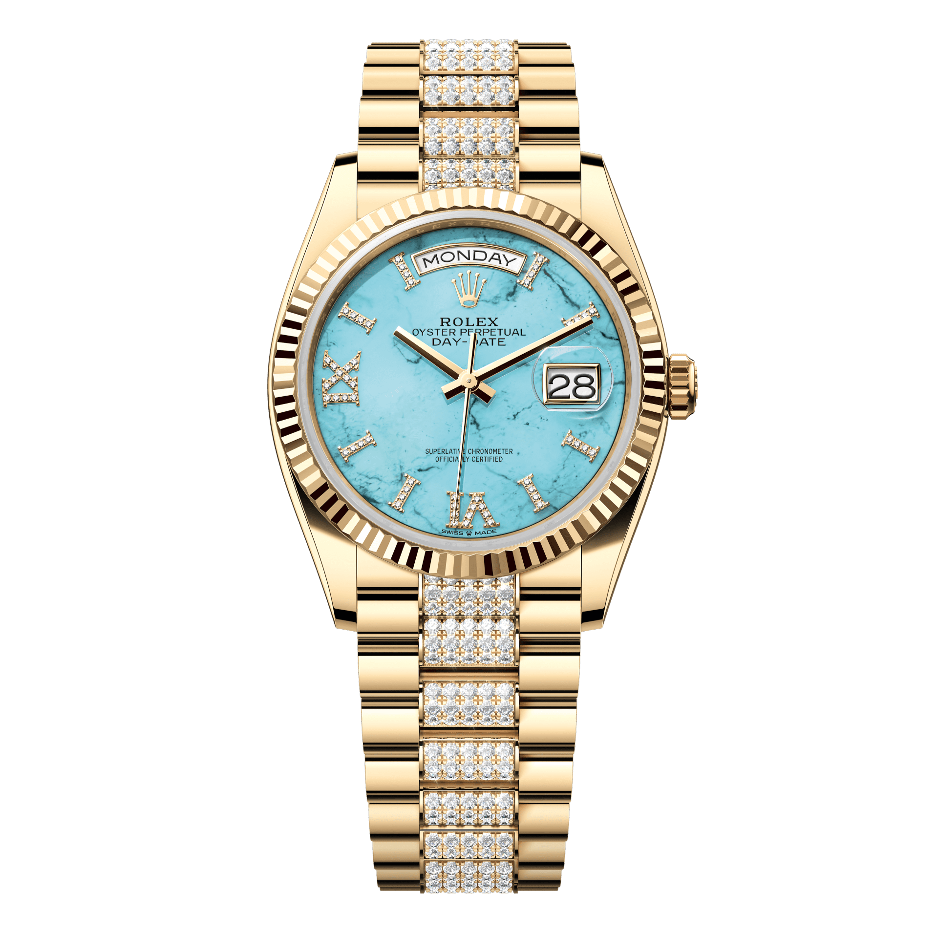 Rolex Oyster 36 mm Turquoise Set With Diamonds Dial 18k Yellow Gold Diamond-set President 128238-0072 - WATCHXNYC