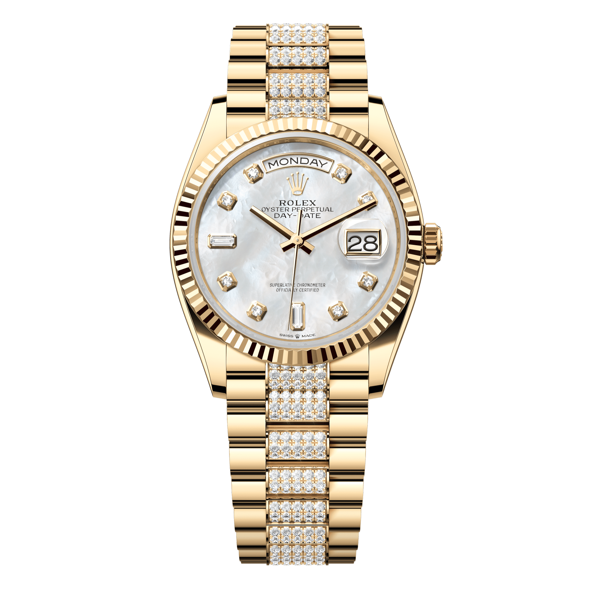 Rolex Oyster 36 mm White mother-of-pearl set with diamonds Dial 18k Yellow Gold Diamond-set President 128238-0032 - WATCHXNYC