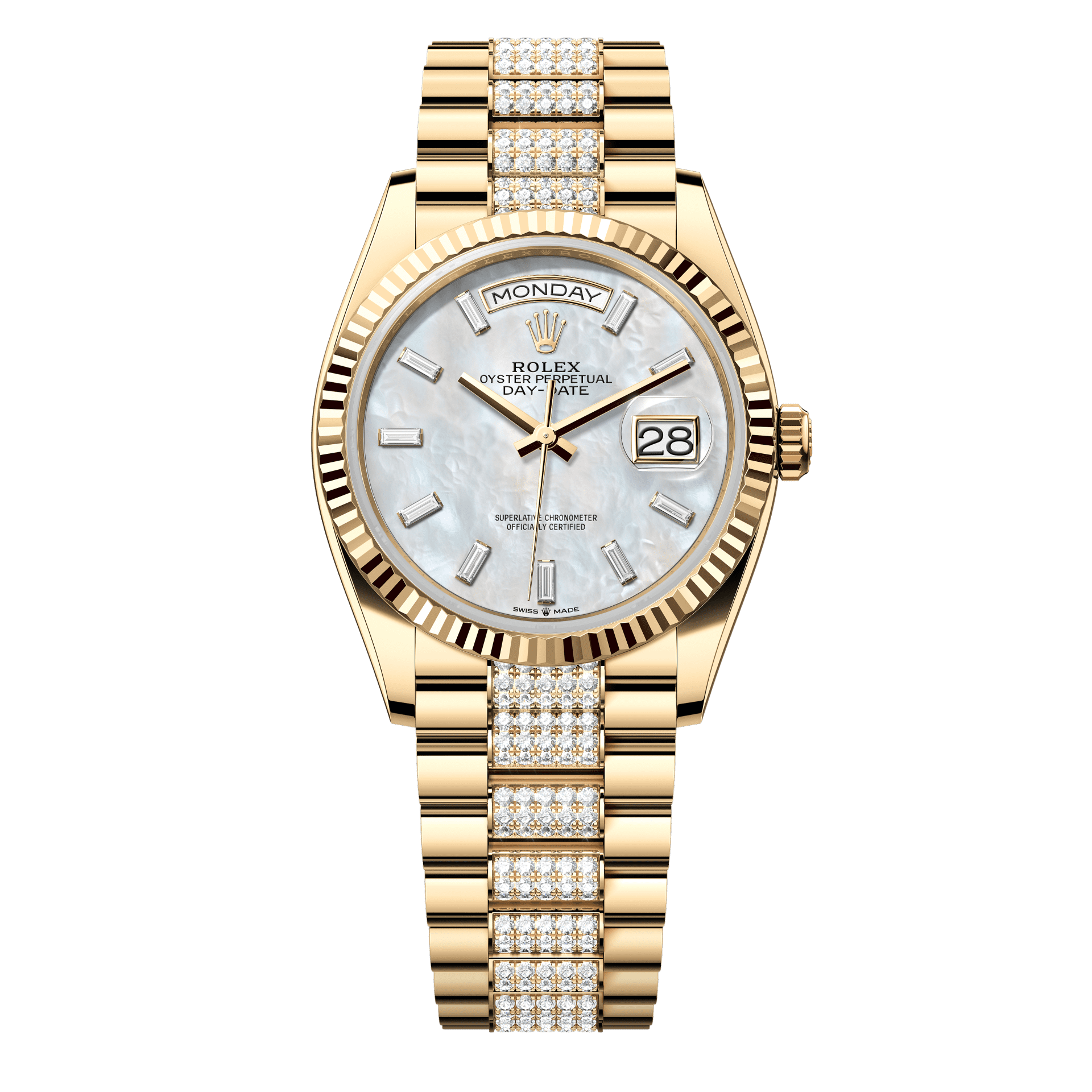 Rolex Oyster 36 mm White Mother-Of-Pearl Set With Diamonds Dial 18k Yellow Gold Diamond-set President 128238-0124 - WATCHXNYC