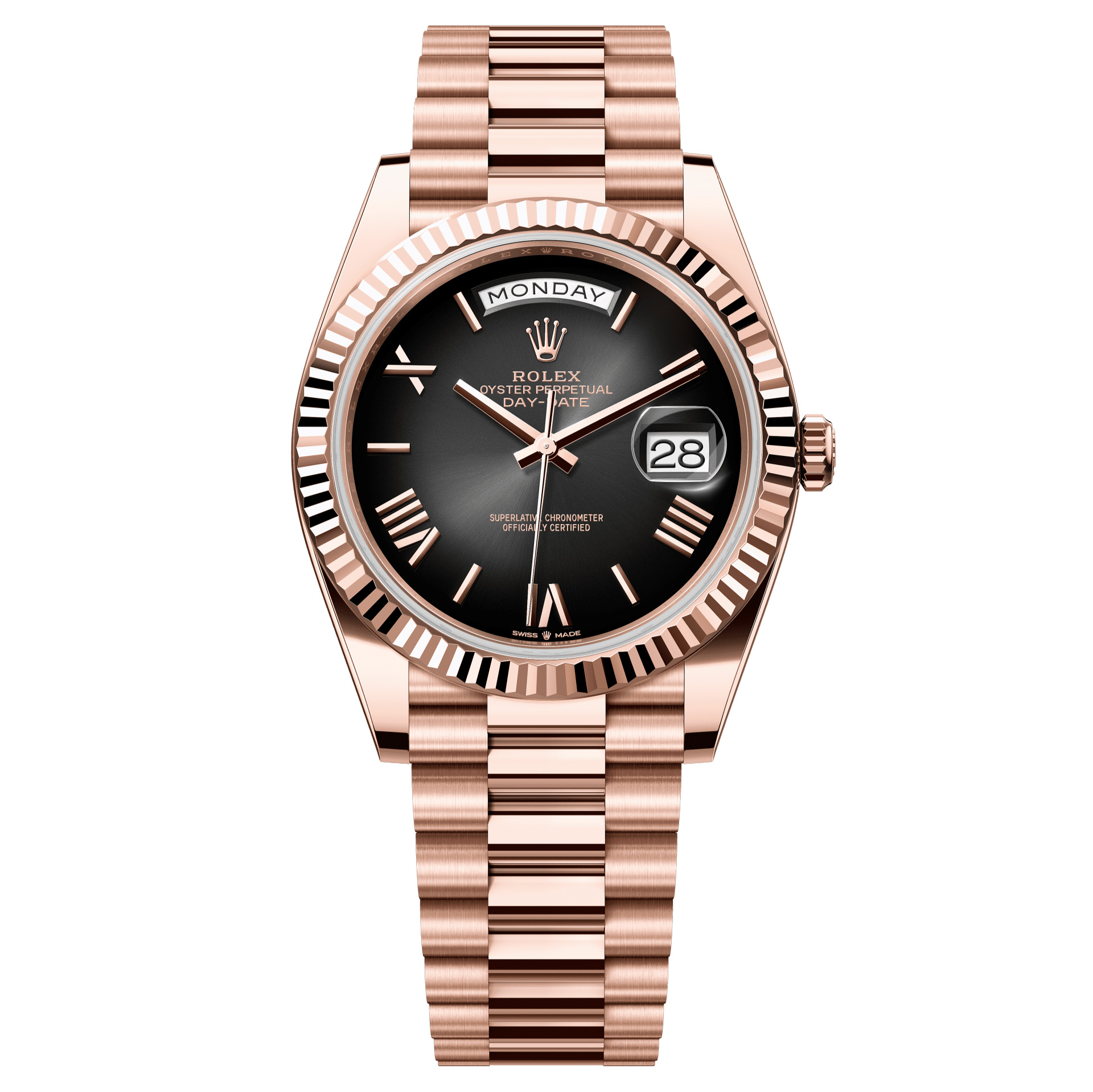 Rolex Oyster 40 mm Slate OmbrÈ Dial 18 kt Everose Gold President, Semi-Circular Three-Piece Links 228235-0055 - WATCHXNYC