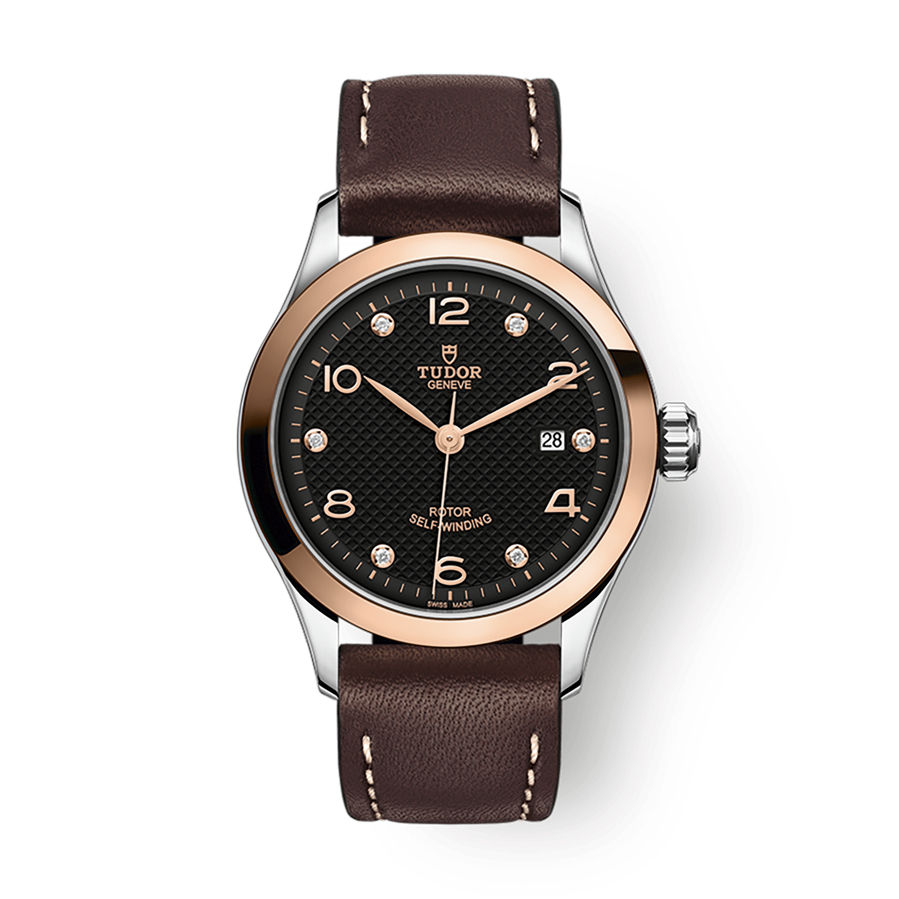 Tudor 1926 28 mm Black Dial with Diamonds Stainless Steel Leather Strap M91351-0008 - WATCHXNYC