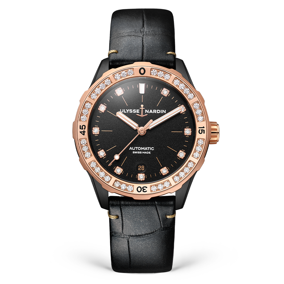 Ulysse Nardin Diver 39 mm Black Dial with Diamonds Steel /18Kt Rose Gold Leather Strap 8165-182B/BLACK - WATCHXNYC