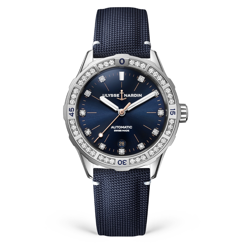 Ulysse Nardin Diver 39 mm Dark Blue Dial with Diamonds Stainless Steel Fabric Strap 8163-182B/13 - WATCHXNYC