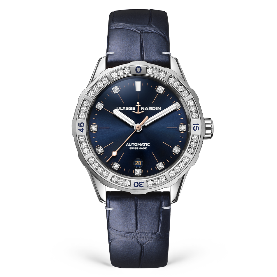 Ulysse Nardin Diver 39 mm Dark Blue Dial with Diamonds Stainless Steel Leather Strap 8163-182B.1/13 - WATCHXNYC