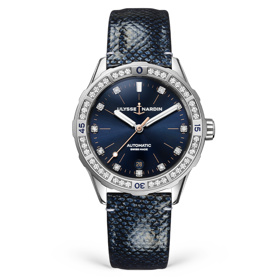 Ulysse Nardin Diver 39 mm Dark Blue Dial with Diamonds Stainless Steel Leather Strap 8163-182B.2/13 - WATCHXNYC