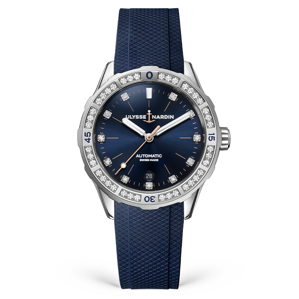 Ulysse Nardin Diver 39 mm Dark Blue Dial with Diamonds Stainless Steel Rubber Strap 8163-182B-3/13 - WATCHXNYC
