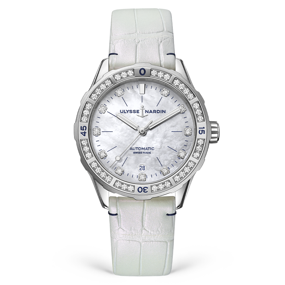 Ulysse Nardin Diver 39 mm White Mother-Of-Pearl Dial with Diamonds Stainless Steel Leather Strap 8163-182B/10 - WATCHXNYC