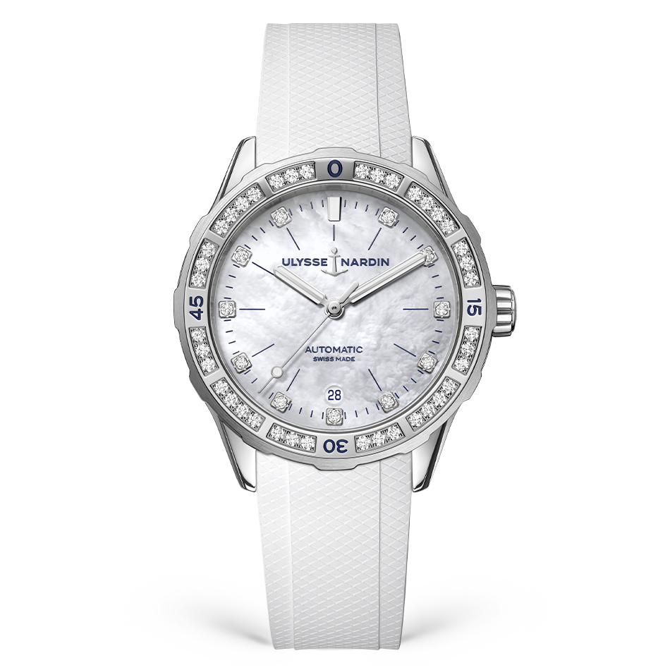 Ulysse Nardin Diver 39 mm White Mother-Of-Pearl Dial with Diamonds Stainless Steel Rubber Strap 8163-182B-3/10 - WATCHXNYC