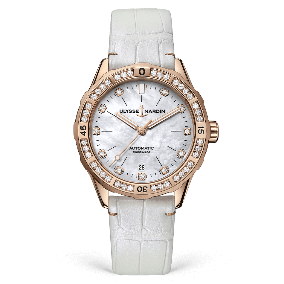 Ulysse Nardin Diver 39 mm White Mother-Of-Pearl Dial with Diamonds Steel /18Kt Rose Gold Leather Strap 8162-182B/10 - WATCHXNYC