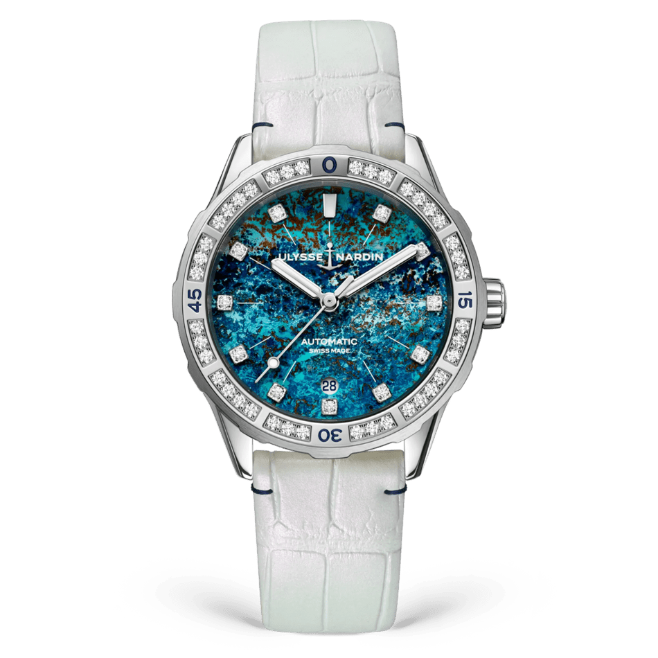 Ulysse Nardin Diver ATOLL 39 mm Blue Dial with Diamonds Stainless Steel Leather Strap 8163-182B1LE-9A-ATOLL/1A - WATCHXNYC