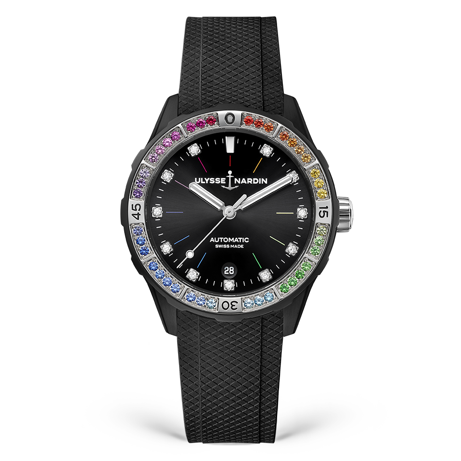 Ulysse Nardin Diver Rainbow 39 mm Black Dial with Diamonds Stainless Steel Leather Strap 8163-182B1LE-2A-RAIN/1A - WATCHXNYC