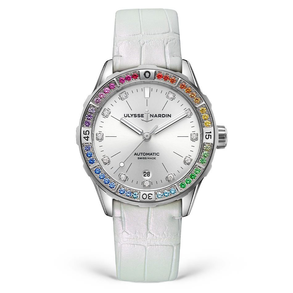 Ulysse Nardin Diver Rainbow 39 mm Silver Dial with Diamonds Stainless Steel Leather Strap 8163-182B1LE-1A-RAIN/1A - WATCHXNYC