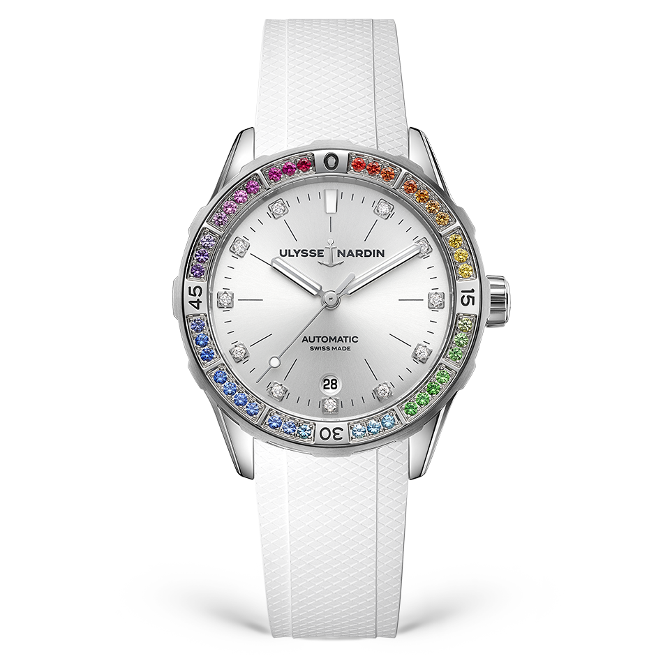 Ulysse Nardin Diver Rainbow 39 mm Silver  Dial with Diamonds Stainless Steel Rubber Strap 8163-182B1LE-1A-RAIN/3A - WATCHXNYC