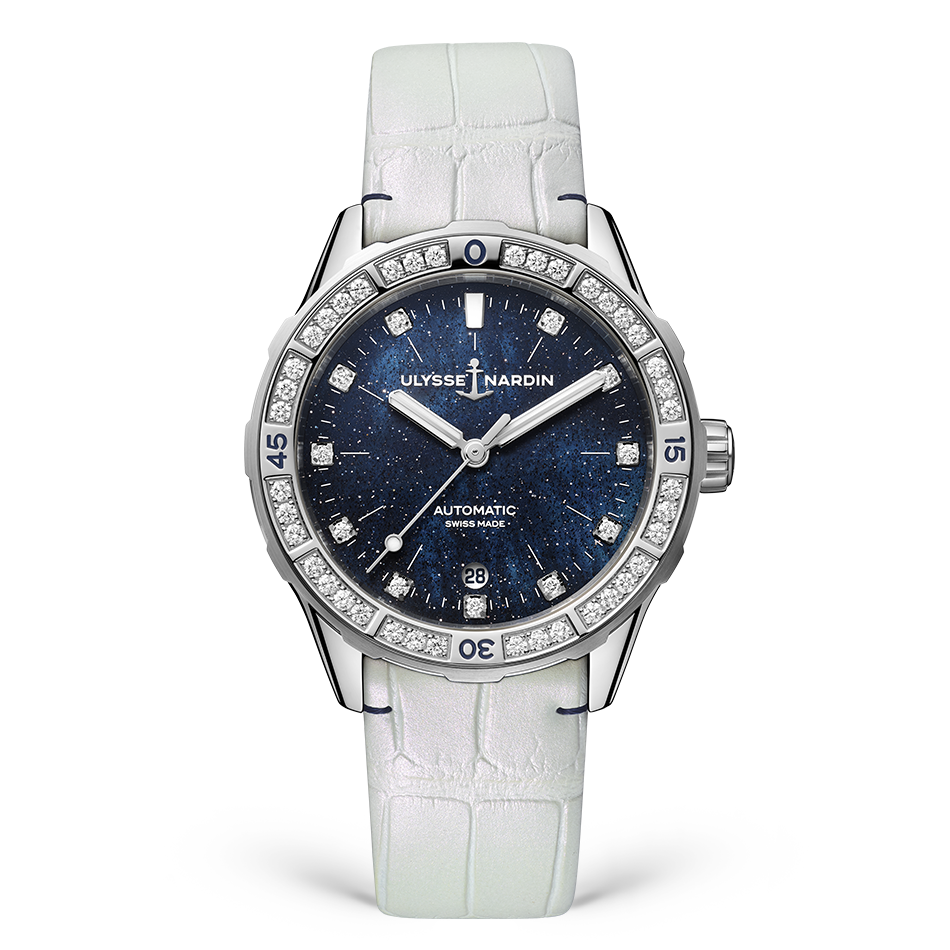 Ulysse Nardin Diver Starry Night 39 mm Dark Blue Dial with Diamonds Stainless Steel Leather Strap 8163-182B1-3A/1A - WATCHXNYC