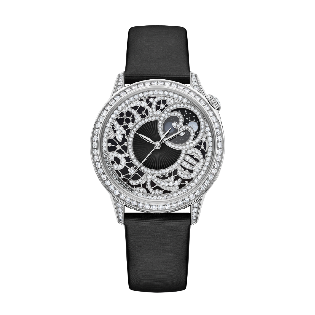 Vacheron Constantin Égérie moon phase 37 mm Black Dial with Diamonds White Gold   Leather Strap 8006F/000G-B942 - WATCHXNYC