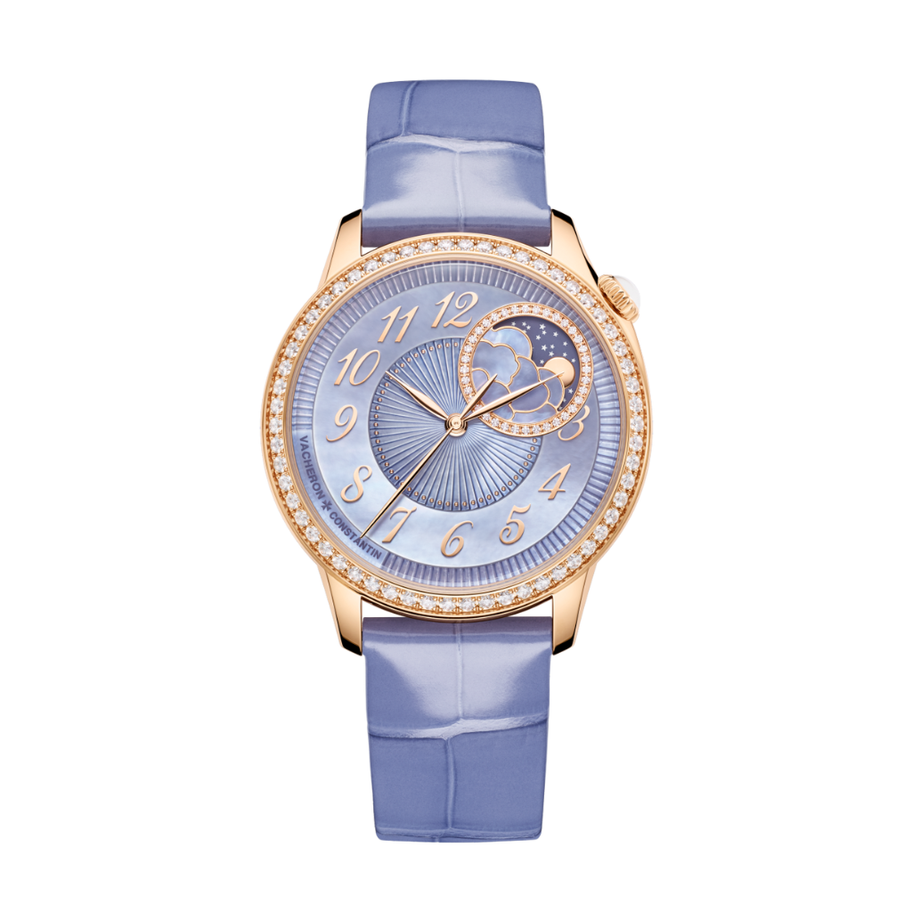 Vacheron Constantin Égérie moon phase 37 mm Blue Dial with Diamonds 18K Pink Gold Leather Strap 8005F/000R-H030 - WATCHXNYC