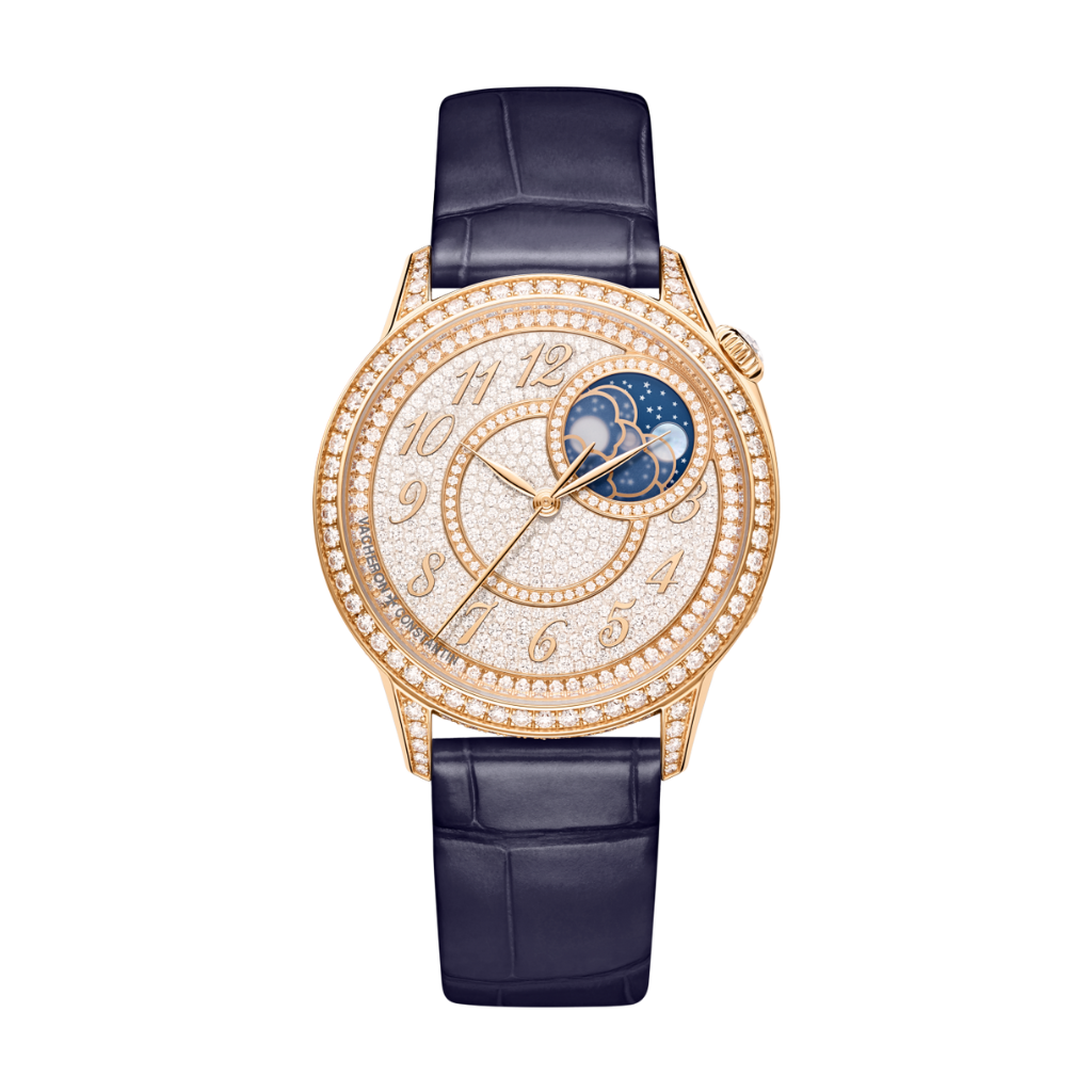 Vacheron Constantin Égérie moon phase 37 mm Diamond Paved Dial 18K Pink Gold   Leather Strap 8006F/000R-B976 - WATCHXNYC
