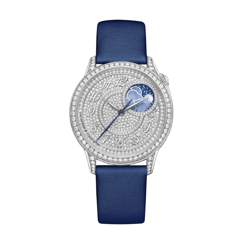 Vacheron Constantin Égérie moon phase 37 mm Diamond Paved Dial White Gold   Leather Strap 8006F/000G-B499 - WATCHXNYC