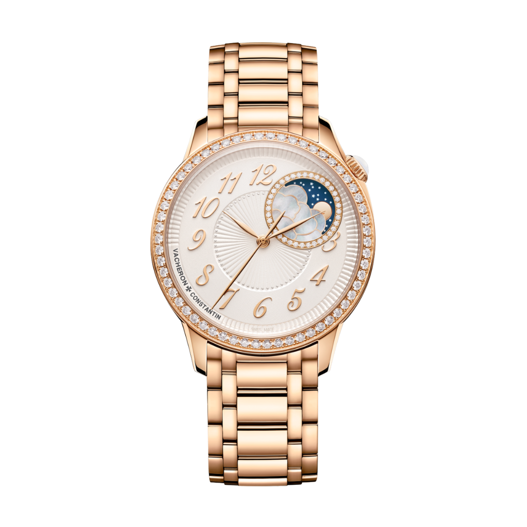 Vacheron Constantin Égérie moon phase 37 mm Silver Dial with Diamonds 18K Pink Gold Bracelet 8005F/120R-H002 - WATCHXNYC