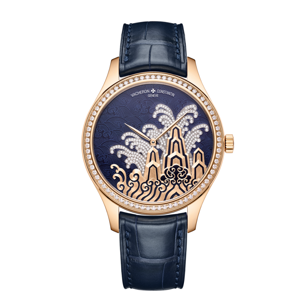 Vacheron Constantin Métiers d'Art Tribute to traditional symbols - Moonlight slivers 38 mm Blue Dial with Diamonds 18K Pink Gold   Leather Strap 2405A/000R-H022 - WATCHXNYC