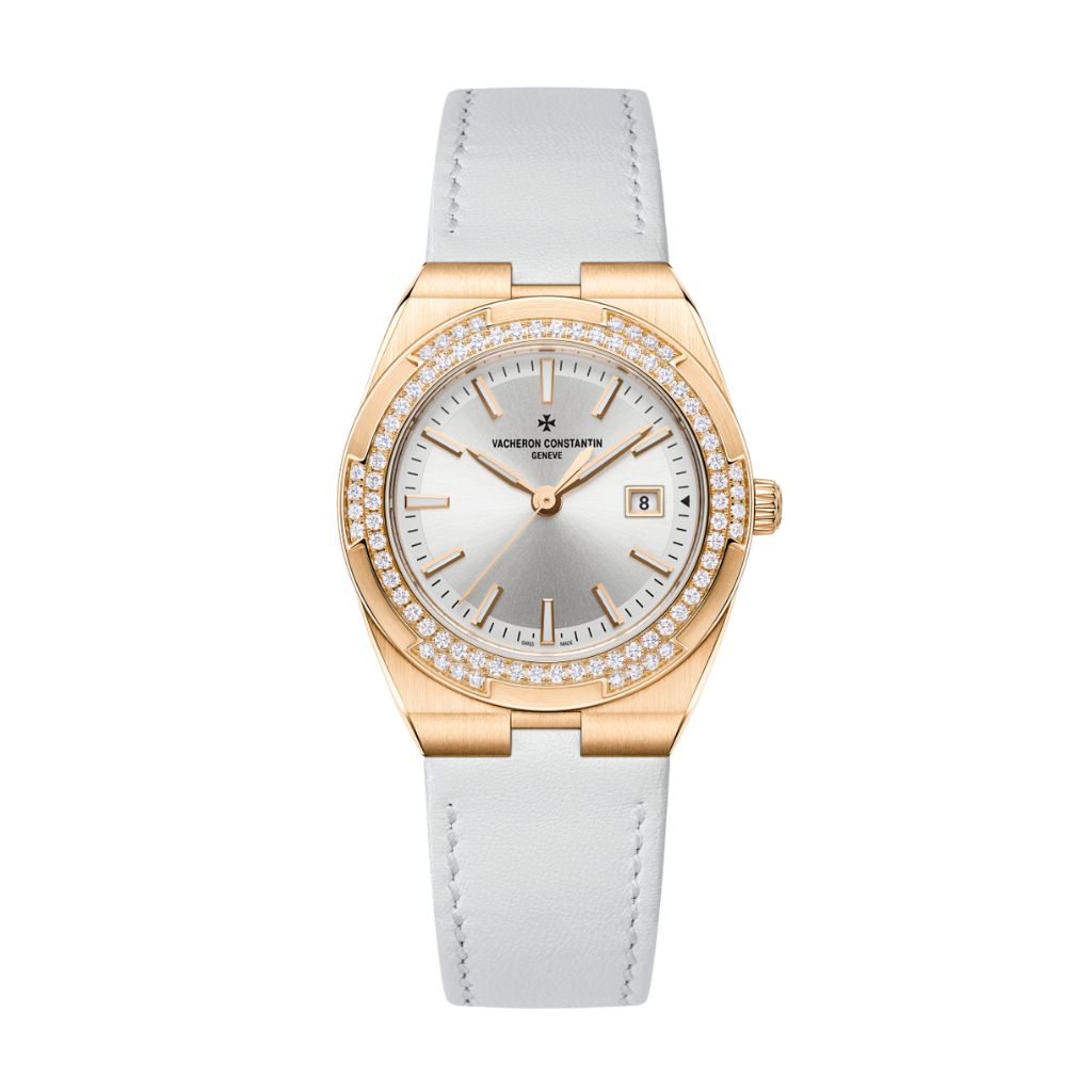 Vacheron Constantin Overseas quartz 33 mm Silver Dial with Diamonds 18K Pink Gold   Leather Strap 1225V/000R-B592 - WATCHXNYC
