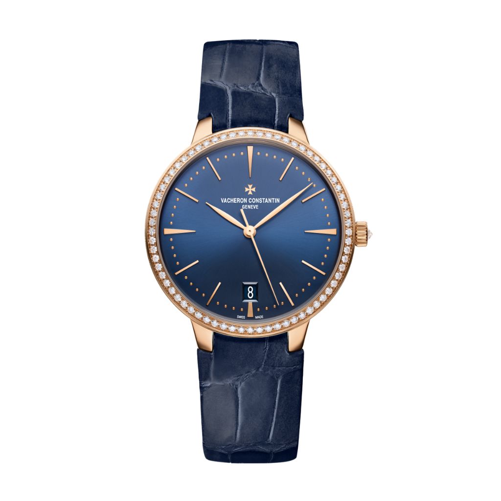 Vacheron Constantin Patrimony self-winding 36.5 mm Blue Dial with Diamonds 18K Pink Gold   Leather Strap 85515/000R-B644 - WATCHXNYC